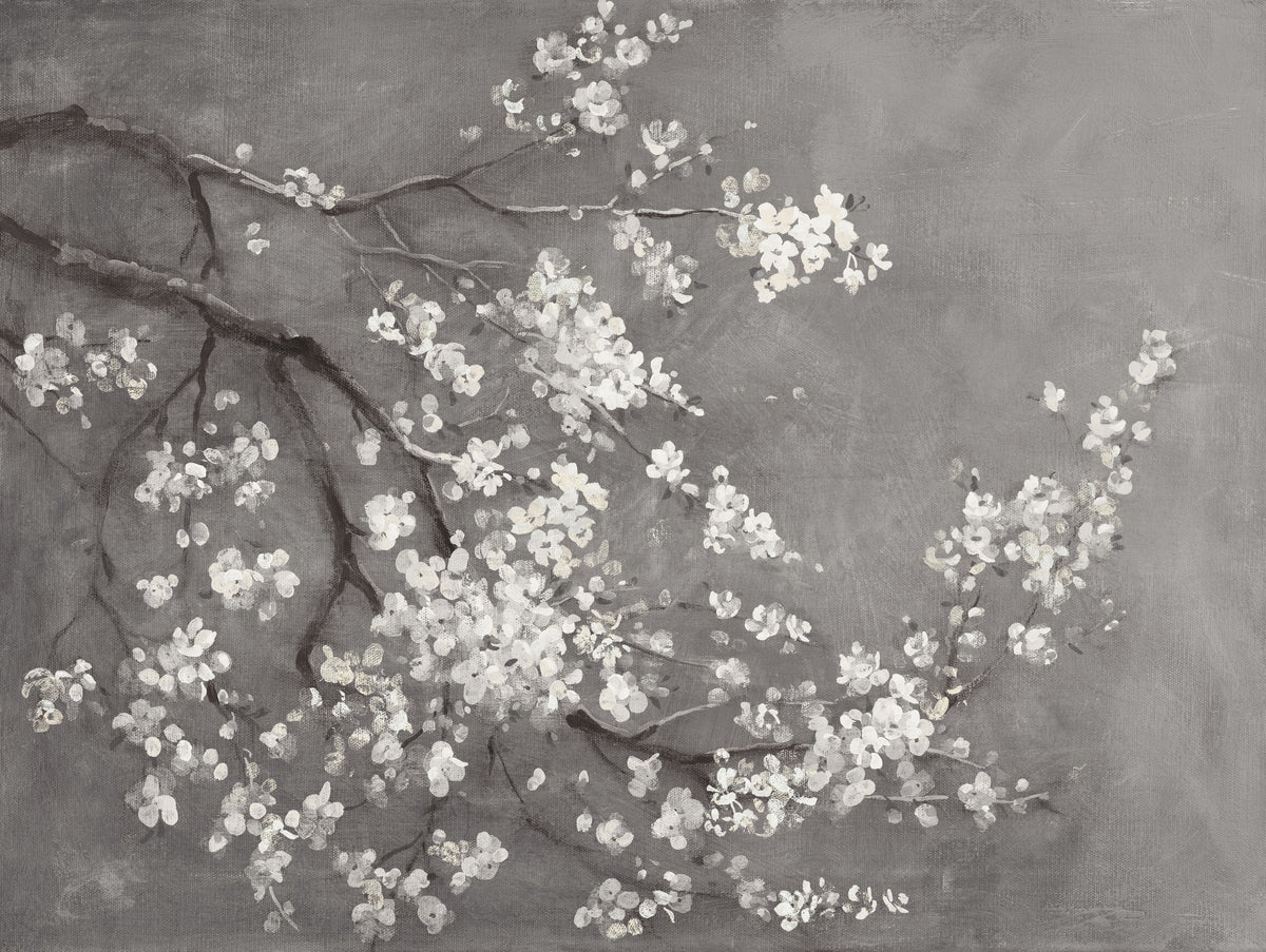 White Cherry Blossoms I on Grey Mural Wallpaper - pure wallpaper artwork