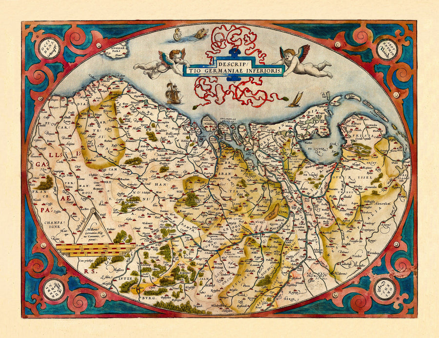 Old Map of Belgium, Netherlands and Germany, 1570 Mural Wallpaper