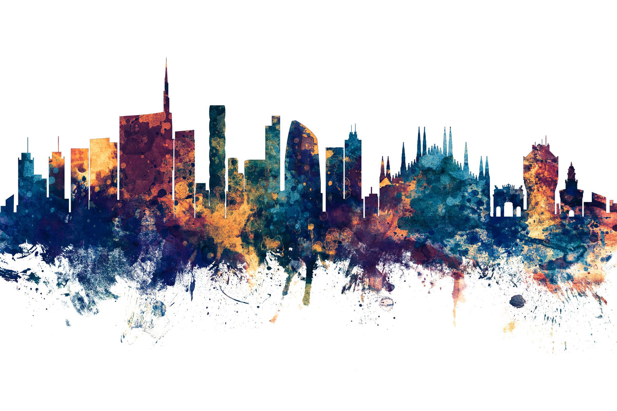 Milan Italy Skyline Blue & Bronze Mural Wallpaper - pure wallpaper artwork