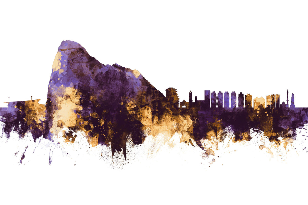 Gibraltar Skyline Purple & Gold Mural Wallpaper - pure wallpaper artwork
