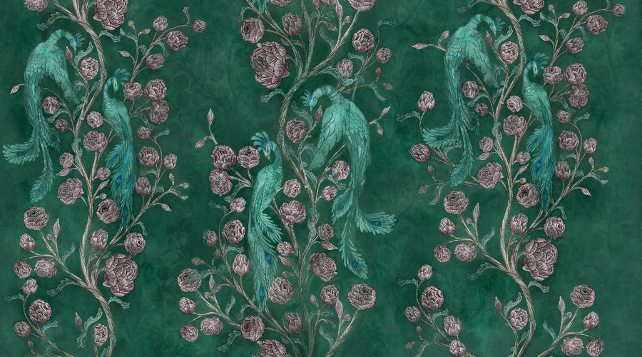 Peacock and Peony Chinoiserie Bottle Green Mural Wallpaper