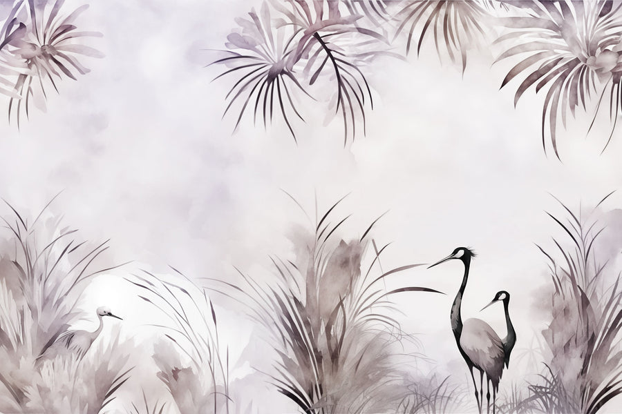 Cranes in a Field Purple Mural Wallpaper