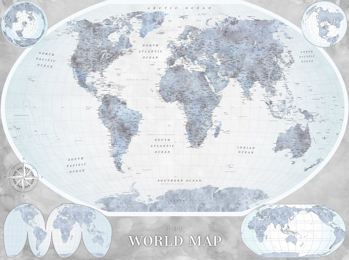 World Map Atlas Blue Mural Wallpaper - pure wallpaper artwork