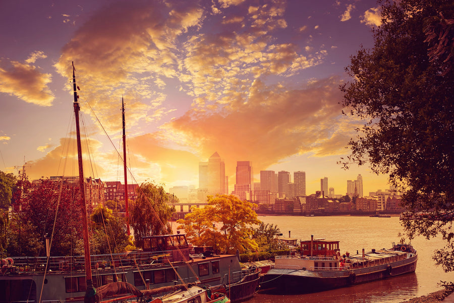 Golden Boat Metropolis Dusk Mural Wallpaper