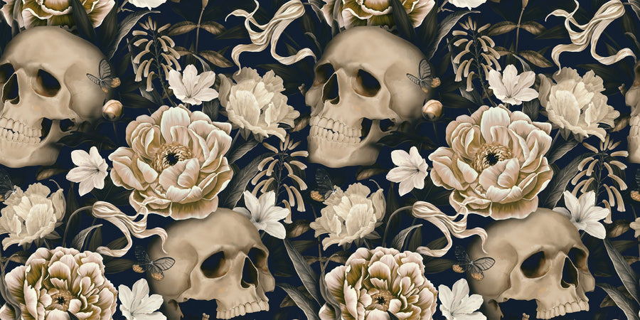 Peonies and Skulls Dark Blue Mural Wallpaper