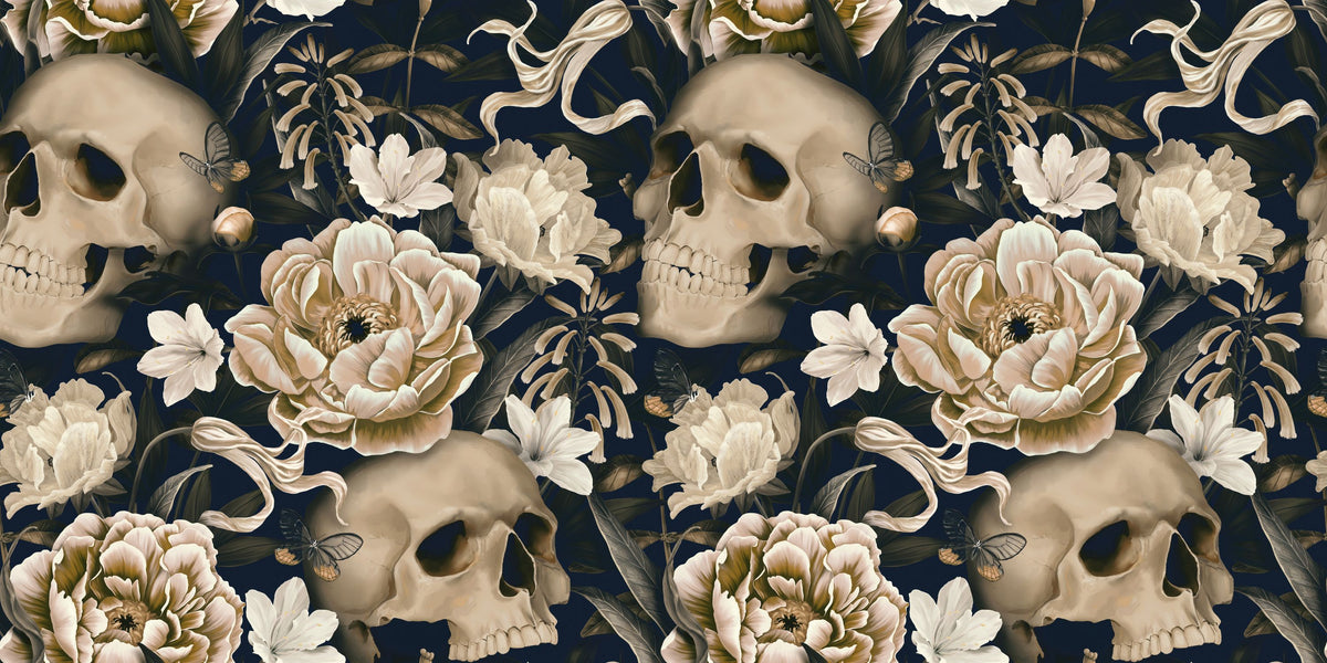 Peonies and Skulls Dark Blue Mural Wallpaper - pure wallpaper artwork