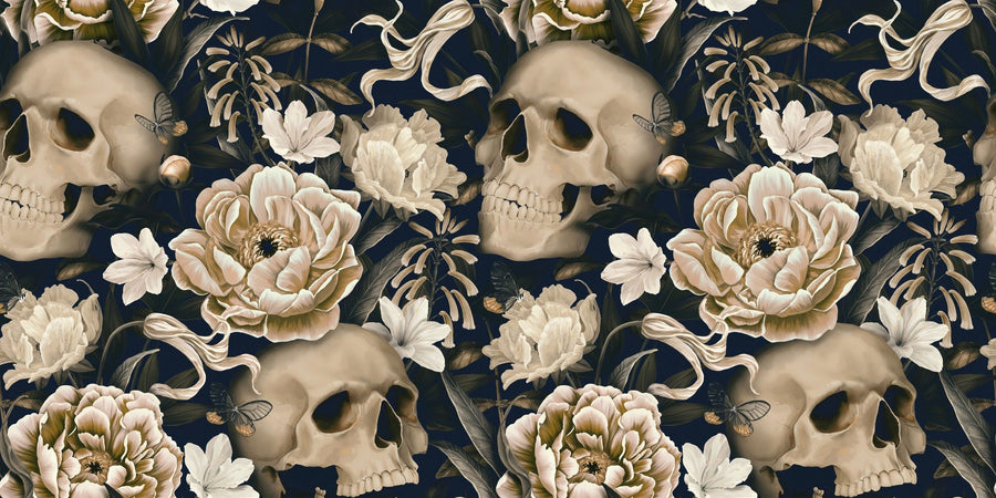 Pfingstrosen und Totenköpfe Dunkelblaues Wandbild Tapete printable artwork