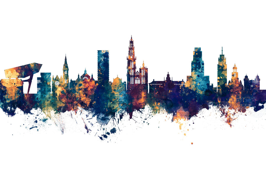 Antwerp Belgium Skyline Blue & Bronze Mural Wallpaper