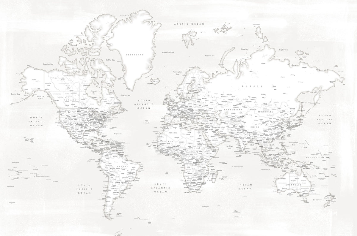 World Map Cities - Maeli White Mural Wallpaper - pure wallpaper artwork
