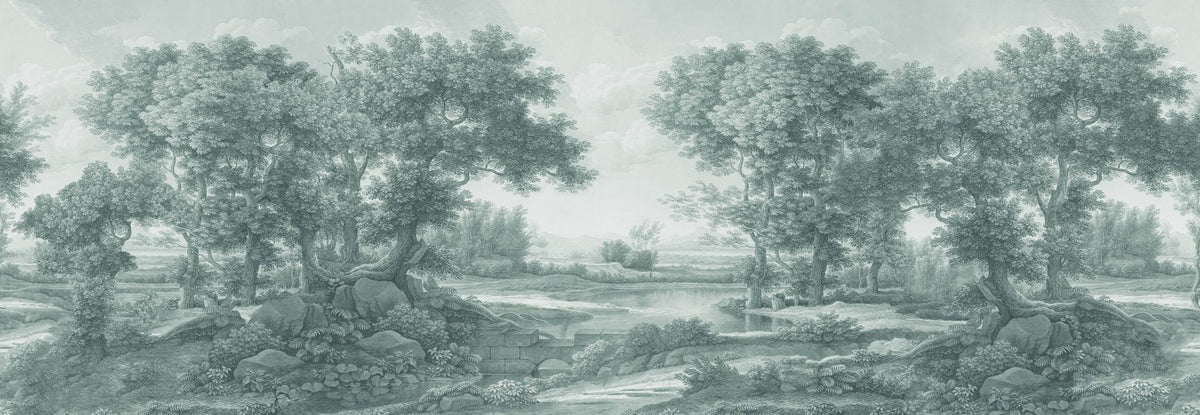 Riverbank Oak Landscape, Forest Green Mural Wallpaper - pure wallpaper artwork