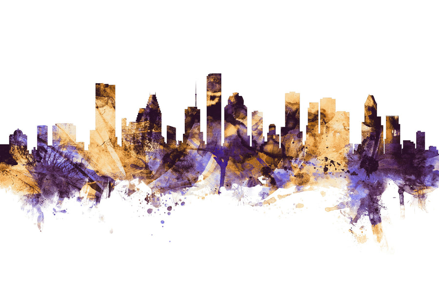 Houston Skyline Purple & Gold Mural Wallpaper