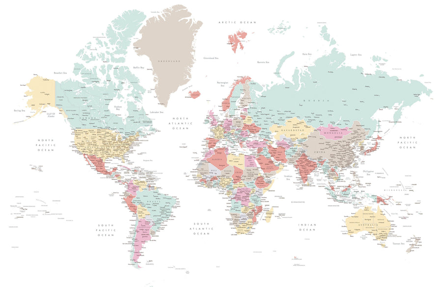 World Map Cities - Pastella Mural Wallpaper