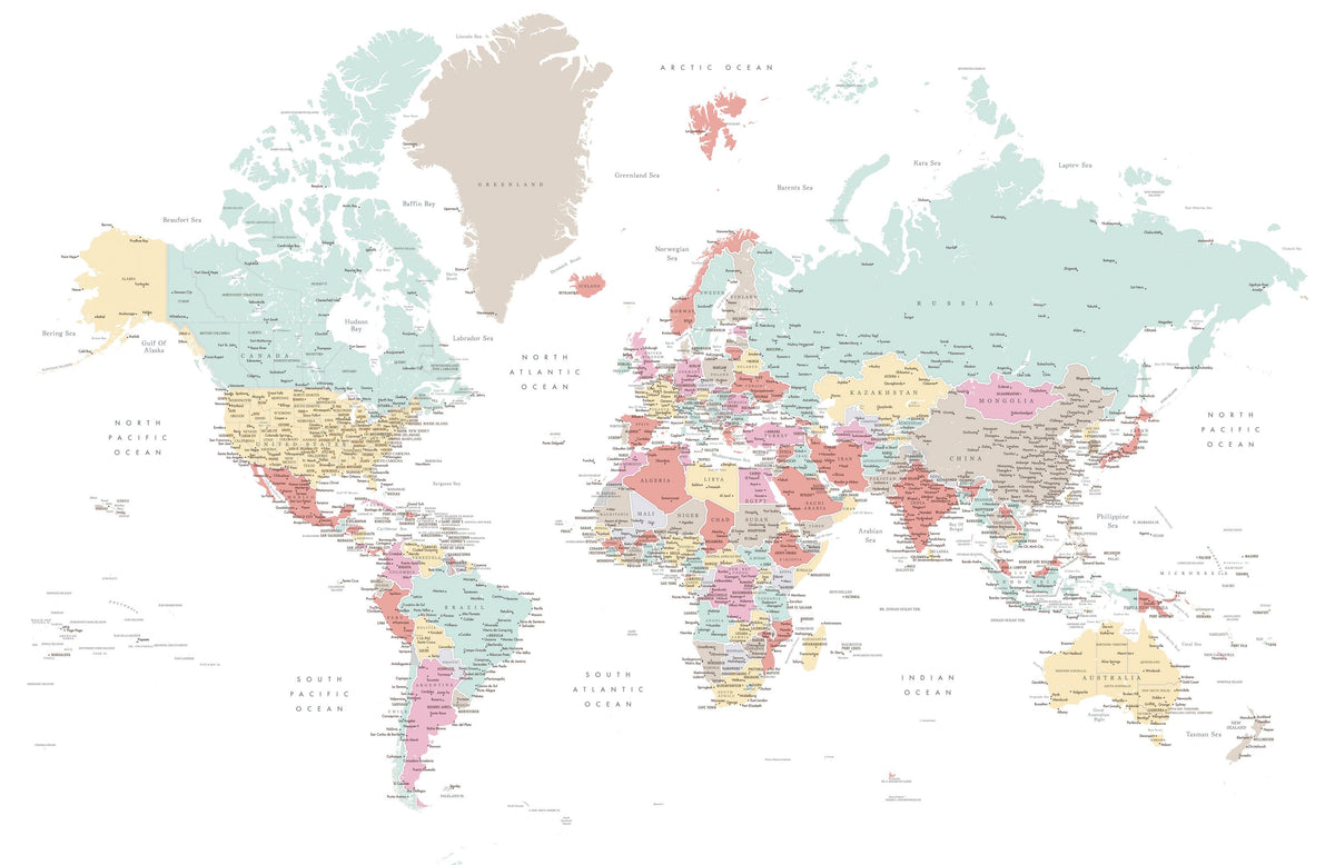 World Map Cities - Pastella Mural Wallpaper - pure wallpaper artwork