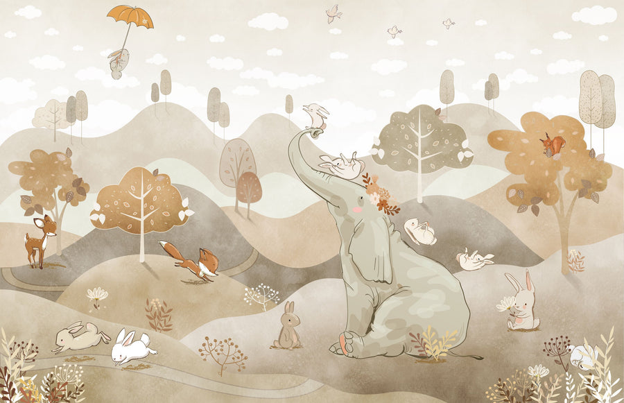 Bunny Friends, Beige Mural Wallpaper