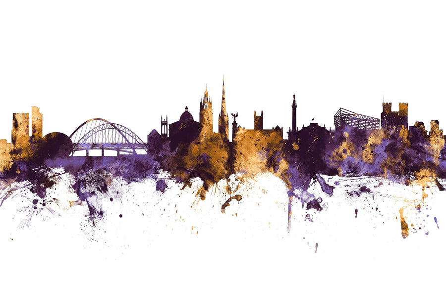 Newcastle England Skyline Purple & Gold Mural Wallpaper