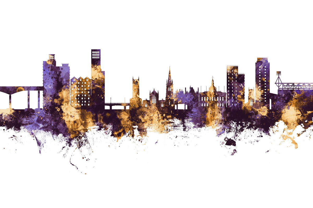 Ipswich England Skyline Purple & Gold Mural Wallpaper - pure wallpaper artwork