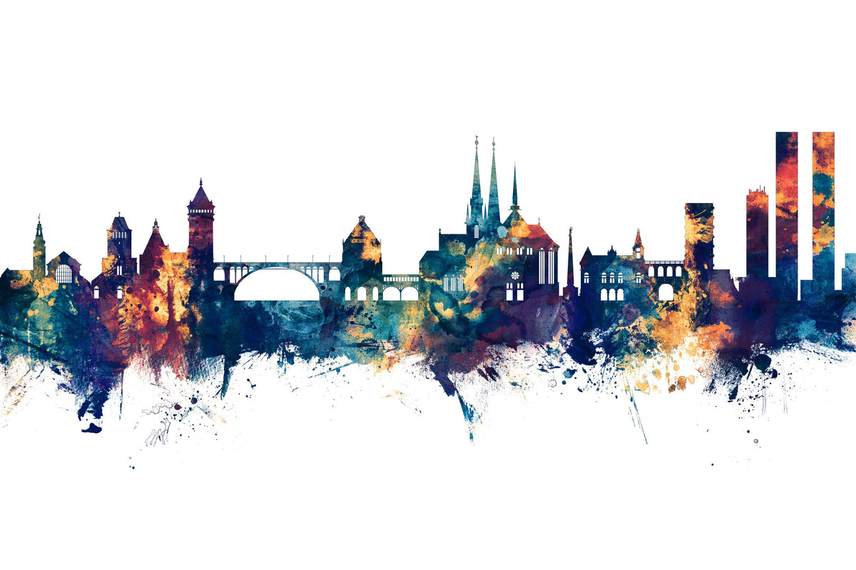 Luxembourg City Skyline Blue & Bronze Mural Wallpaper - pure wallpaper artwork
