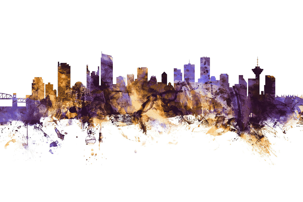 Vancouver Canada Skyline Purple & Gold Mural Wallpaper - pure wallpaper artwork