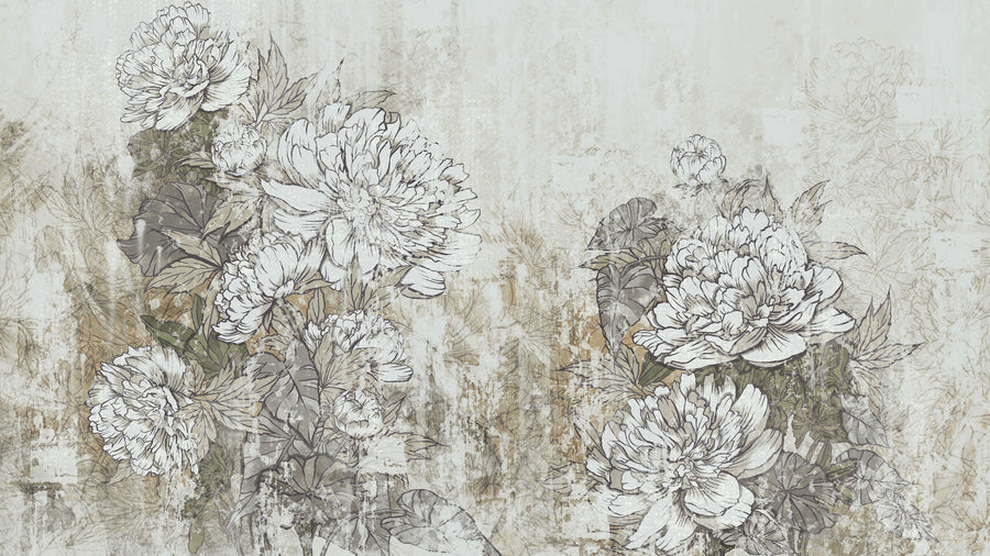 Vintage Peonies Mural Wallpaper - Neutral Tone