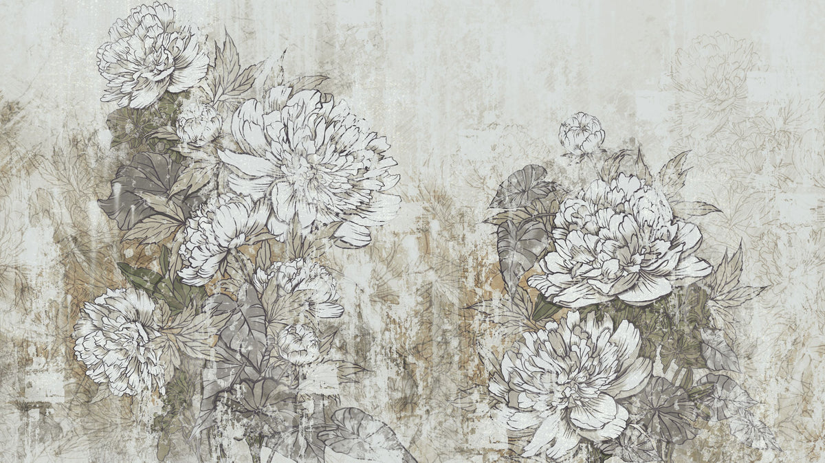 Vintage Peonies Mural Wallpaper - Neutral Tone - pure wallpaper artwork