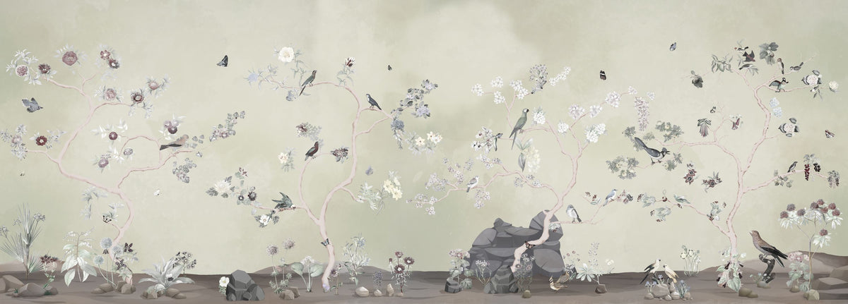 Birds in the Garden Light Green Mural Wallpaper - pure wallpaper artwork