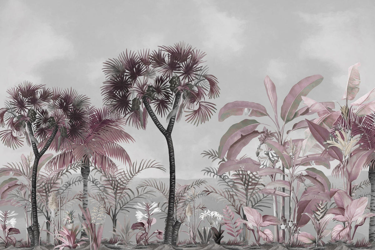 Tropical Forest Strolls Gray Blue Mural Wallpaper - pure wallpaper artwork