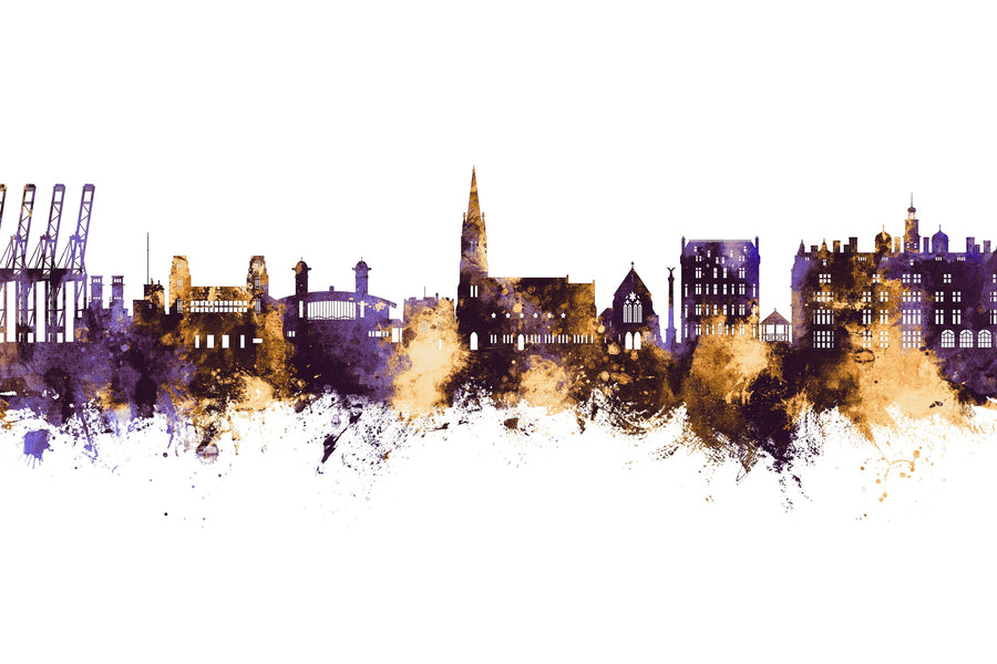 Felixstowe England Skyline Purple & Gold Mural Wallpaper