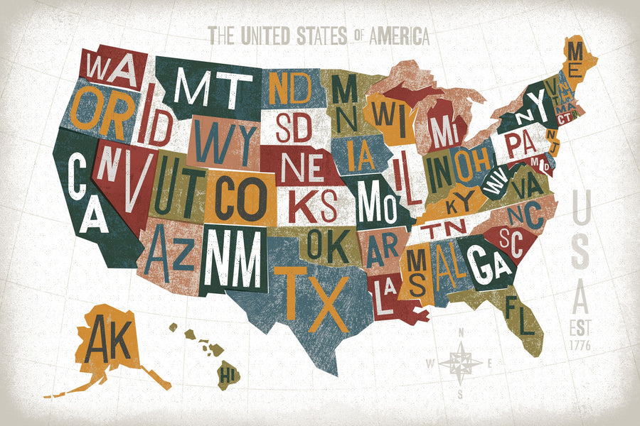 Letterpress USA Map Warm Mural Wallpaper