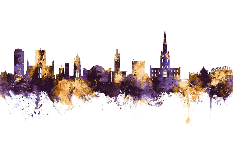 Norwich England Skyline Purple & Gold Mural Wallpaper