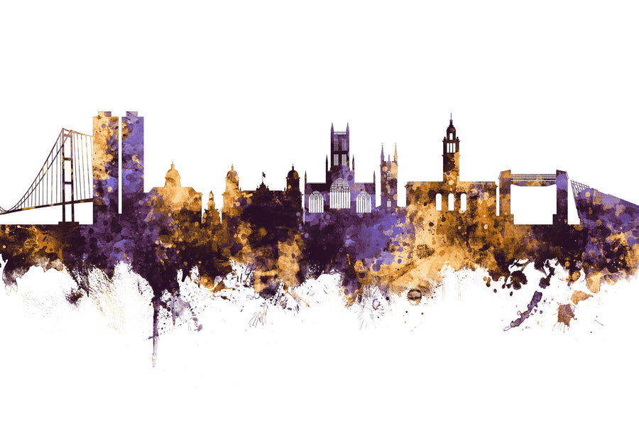 Kingston Upon Hull England Skyline Purple & Gold Mural Wallpaper