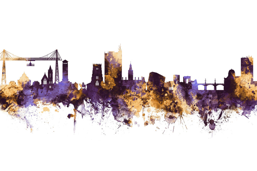 Newport Wales Skyline Purple & Gold Mural Wallpaper