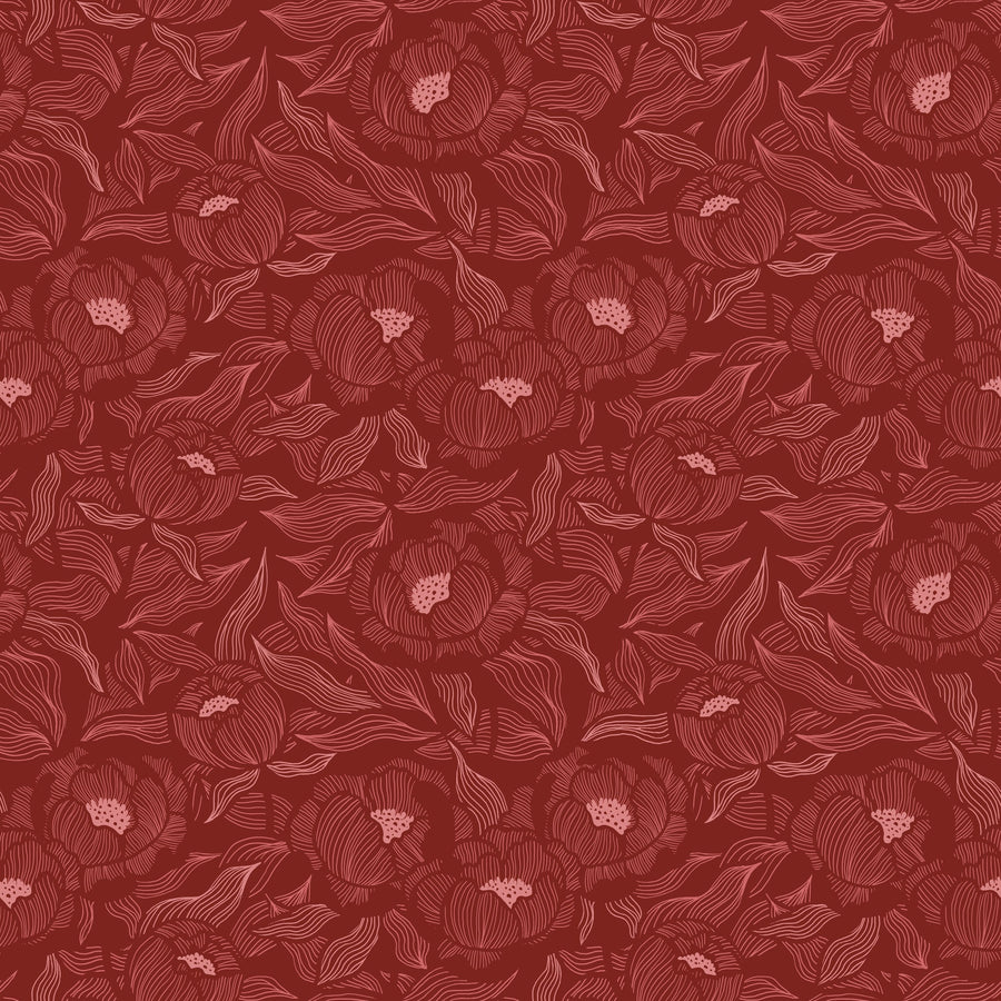 Hidden Peonies, Pink on Brick Mural Wallpaper