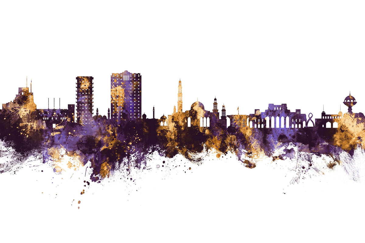 Muscat Oman Skyline Purple & Gold Mural Wallpaper - pure wallpaper artwork