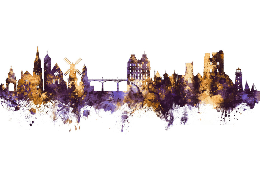 Scarborough England Skyline Purple & Gold Mural Wallpaper