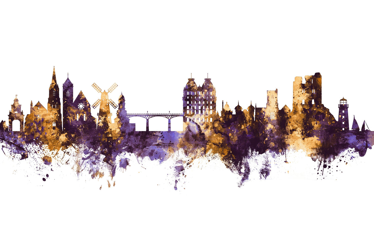 Scarborough England Skyline Purple & Gold Mural Wallpaper - pure wallpaper artwork