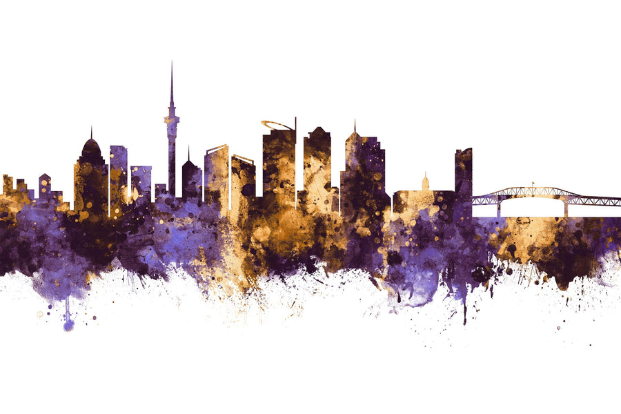 Auckland New Zeeland Skyline Purple & Gold Mural Wallpaper