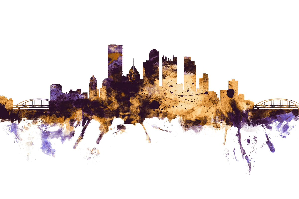 Pittsburg Pennsylvania Skyline Purple & Gold Mural Wallpaper - pure wallpaper artwork