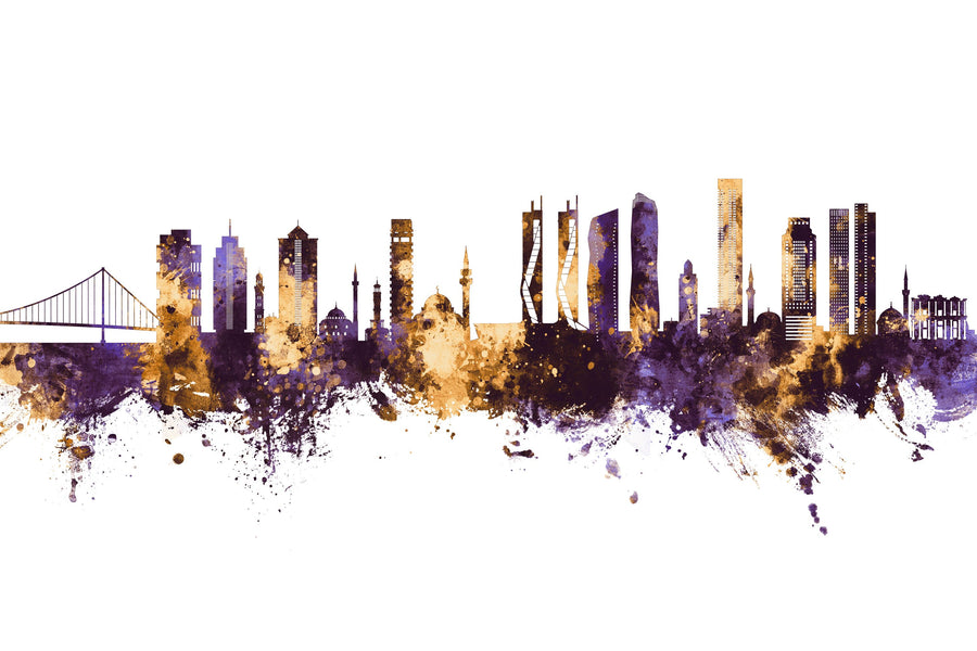 Izmir Turkey Skyline Purple & Gold Mural Wallpaper
