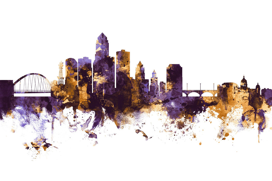 Des Moines Iowa Skyline Purple & Gold Mural Wallpaper