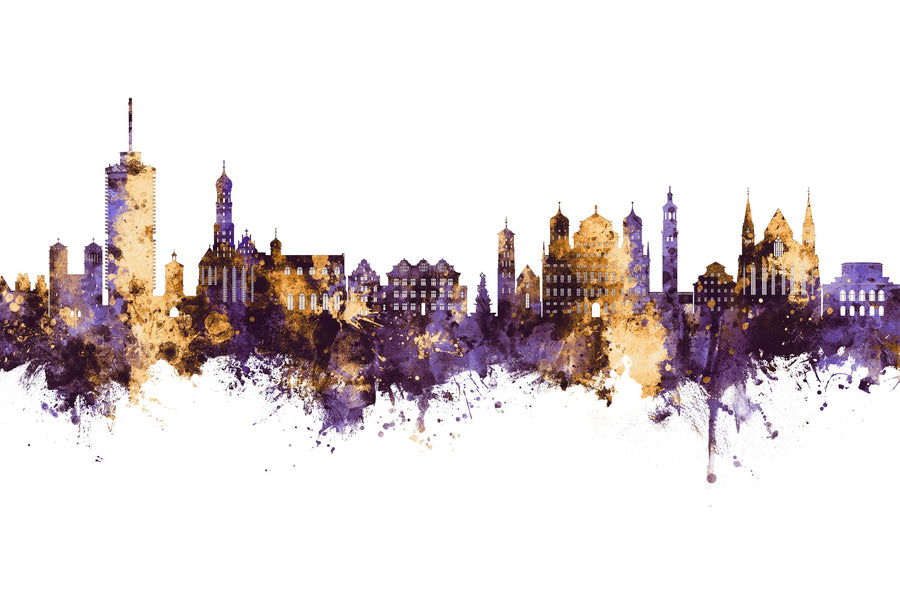 Augsburg Germany Skyline Purple & Gold Mural Wallpaper