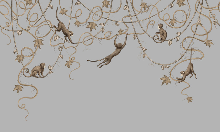 Monkey Jump, Gray Mural Wallpaper