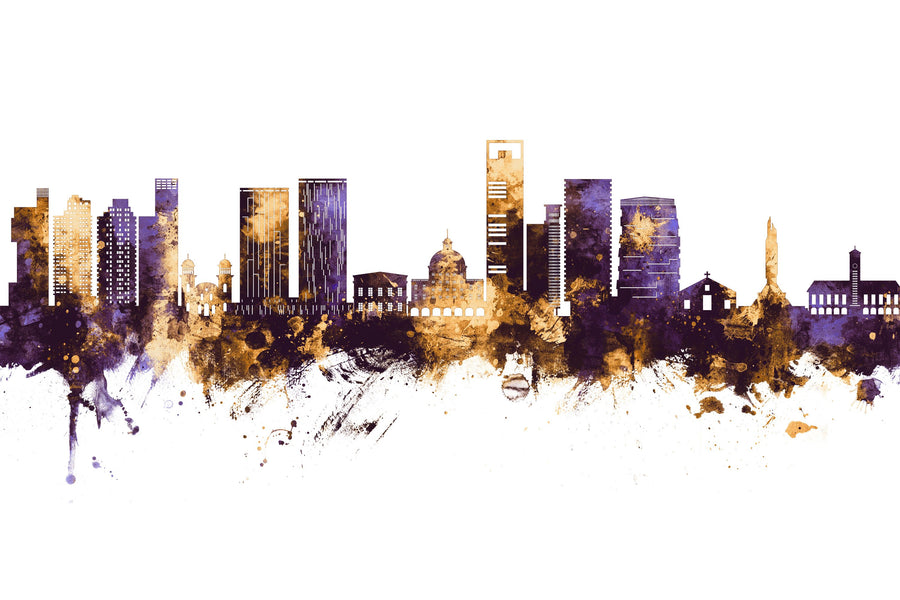 Luanda Skyline Purple & Gold Mural Wallpaper