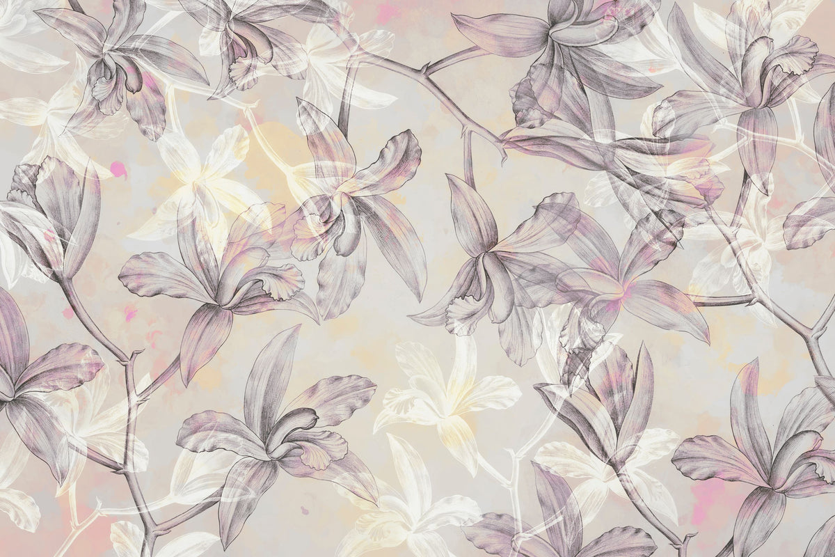 Orchids on Water Mural Wallpaper - Neutral Tone - pure wallpaper artwork