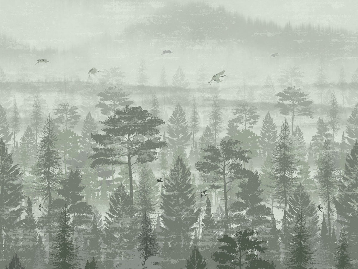Misty Green Forest Mural Wallpaper - pure wallpaper artwork