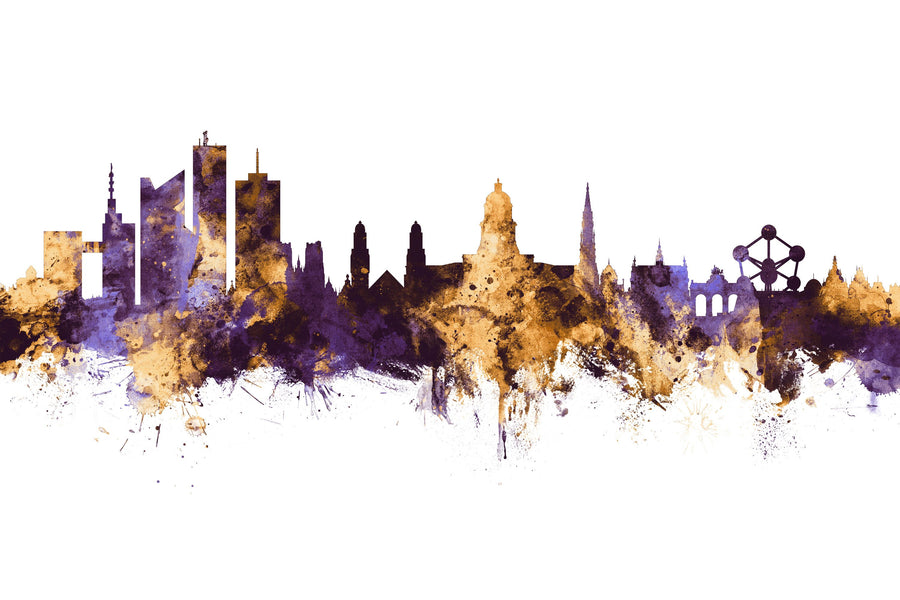 Brussels Belgium Skyline Purple & Gold Mural Wallpaper