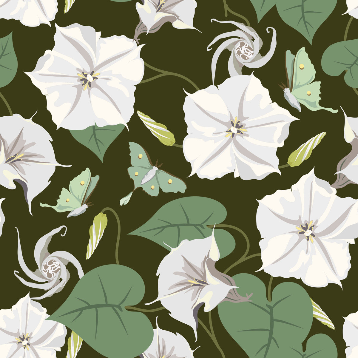 Moon Vine, Olive Green Mural Wallpaper - pure wallpaper artwork
