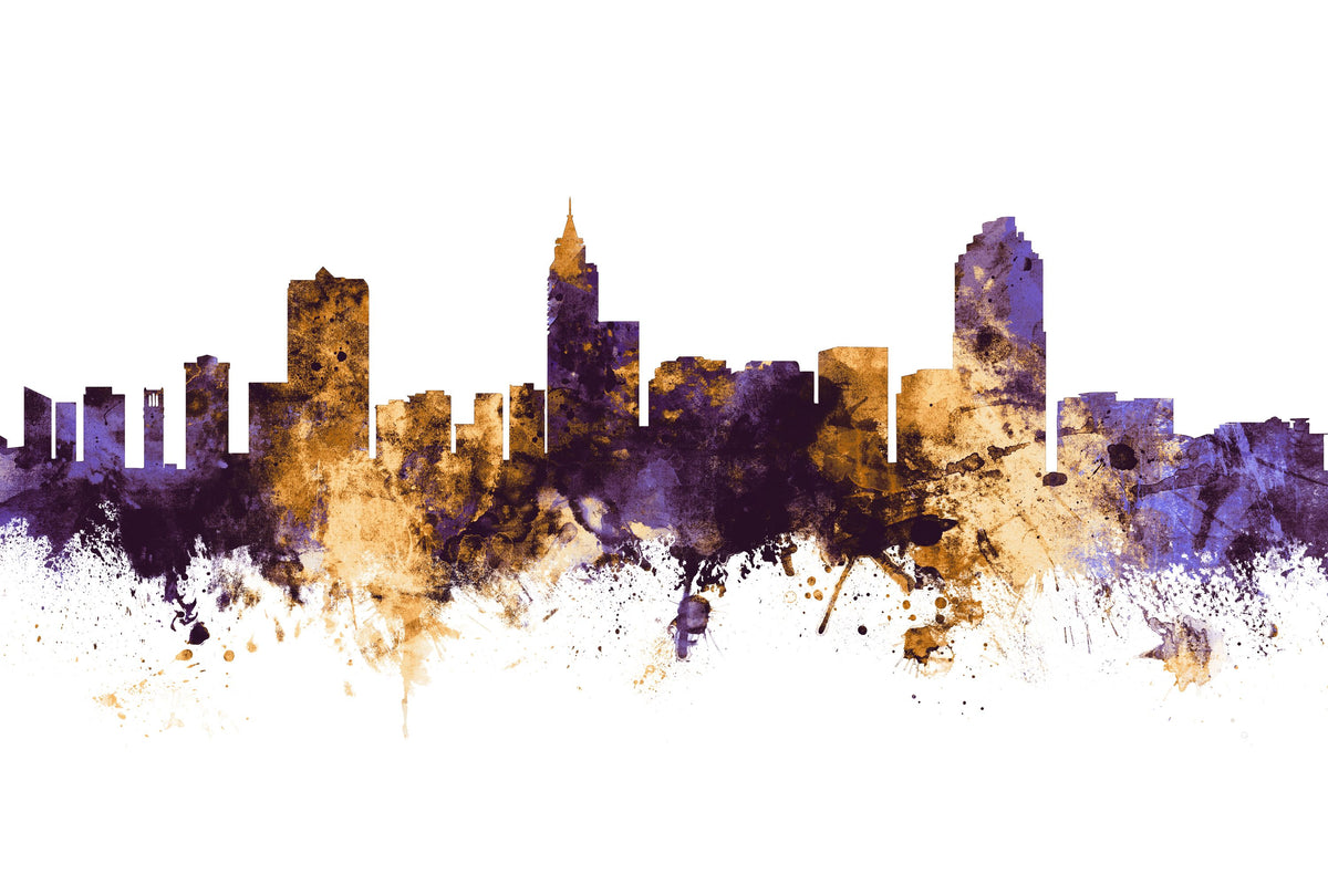 Raleigh North Carolina Skyline Purple & Gold Mural Wallpaper - pure wallpaper artwork