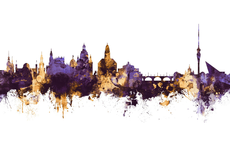 Dresden Germany Skyline Purple & Gold Mural Wallpaper