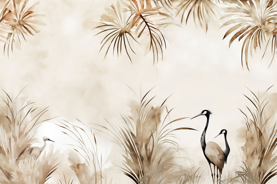 Cranes in a Field Yellow Mural Wallpaper