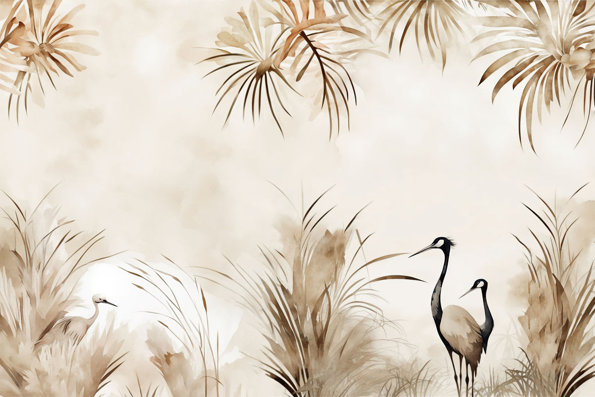 Cranes in a Field Yellow Mural Wallpaper - pure wallpaper artwork